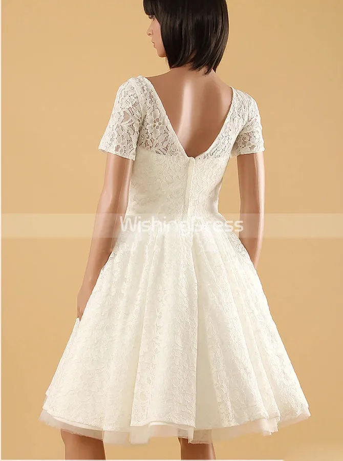 A-line Knee Length Wedding Dresses,Outdoor Lace Wedding Dress with Short Sleeves,WD00566
