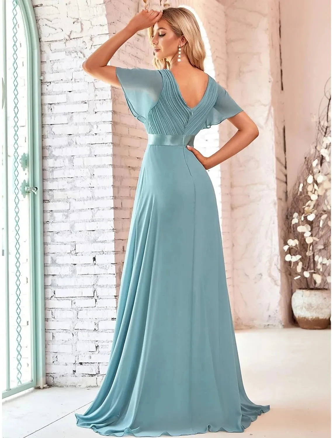 Aimishang  A-Line Evening Gown Empire Dress Wedding Guest Floor Length Short Sleeve V Neck Chiffon V Back with Ruffles Pure Color