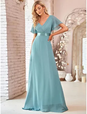 Aimishang  A-Line Evening Gown Empire Dress Wedding Guest Floor Length Short Sleeve V Neck Chiffon V Back with Ruffles Pure Color