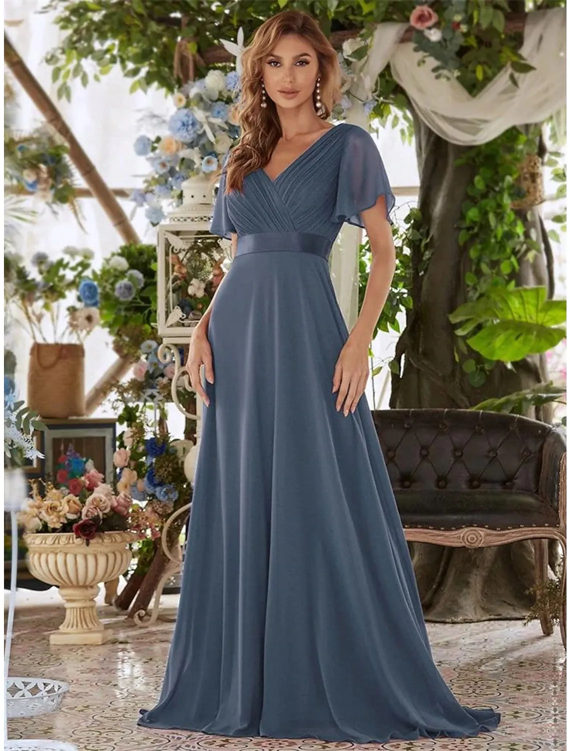 Aimishang  A-Line Evening Gown Empire Dress Wedding Guest Floor Length Short Sleeve V Neck Chiffon V Back with Ruffles Pure Color