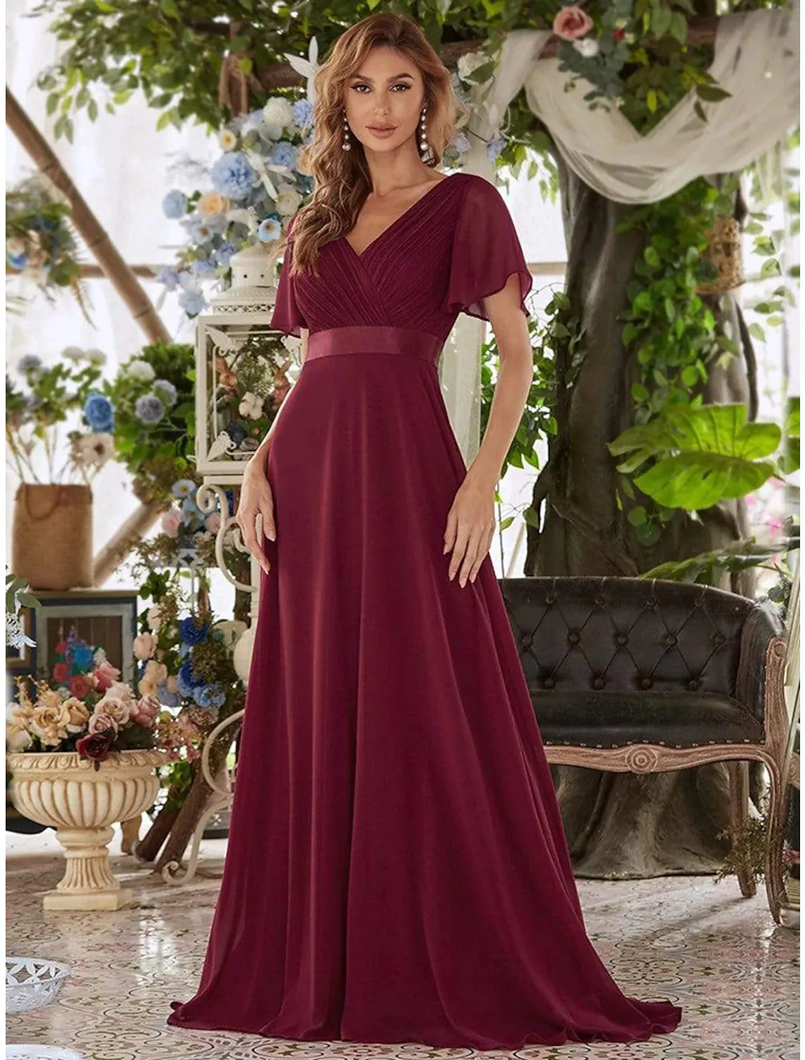 Aimishang  A-Line Evening Gown Empire Dress Wedding Guest Floor Length Short Sleeve V Neck Chiffon V Back with Ruffles Pure Color