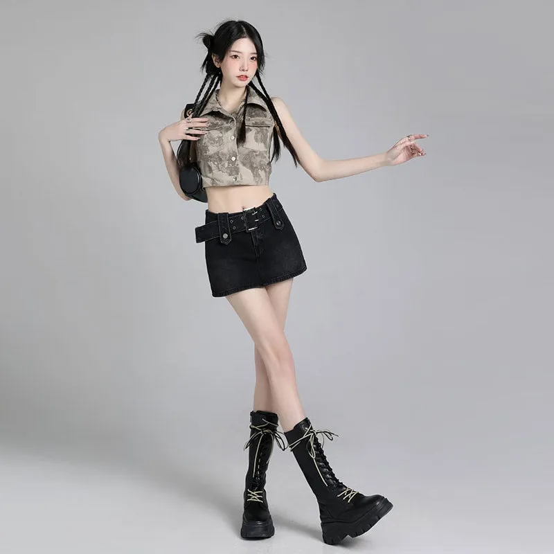 American Retro All-match Blue High Waist Denim Skirt