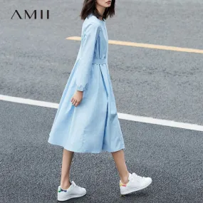 Amii Minimalist Casual Women Dress 2018 Solid O-Neck Puff Sleeve Drap Mid-Calf Dress