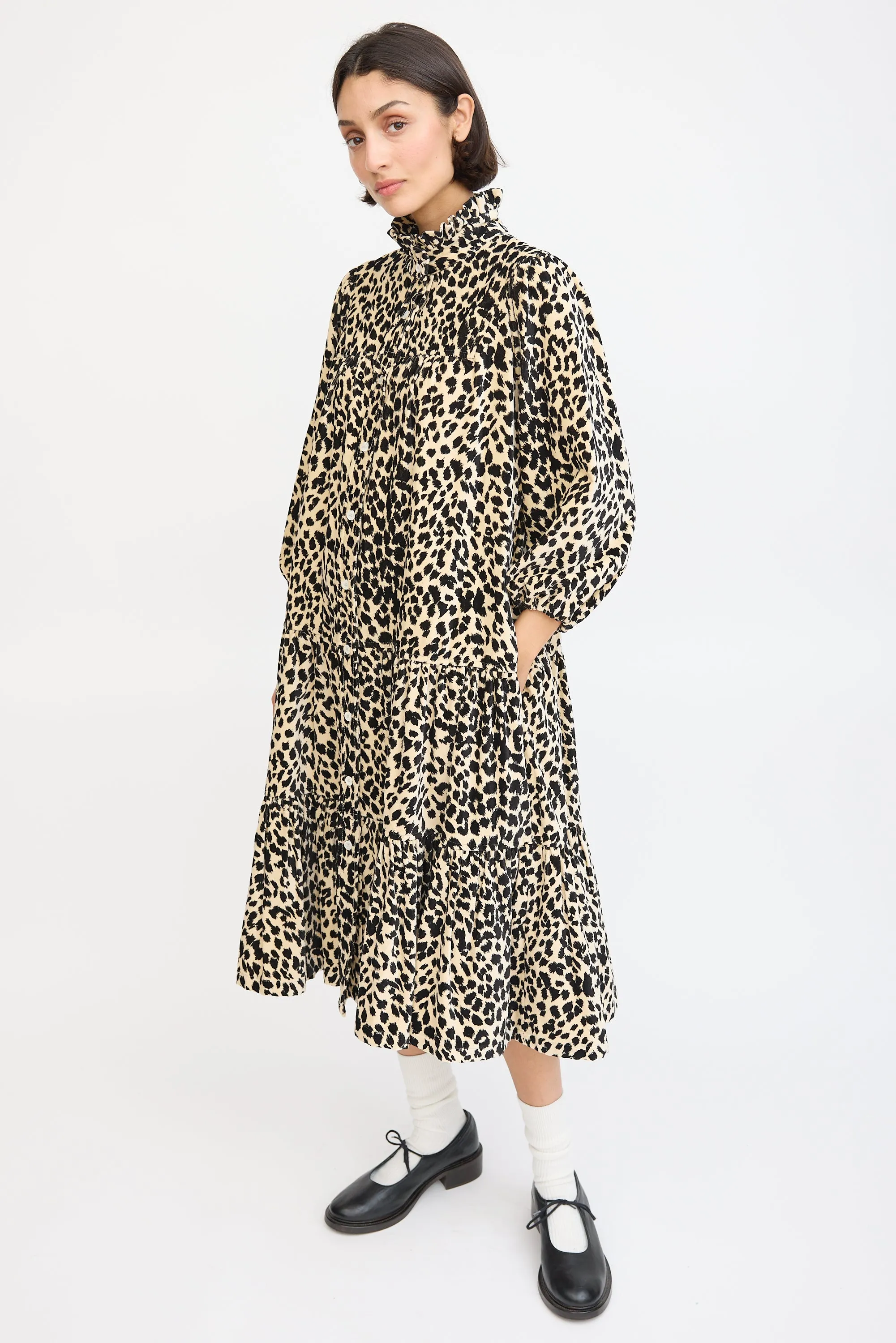 Beige & Black Cotton Printed Tiered Dress