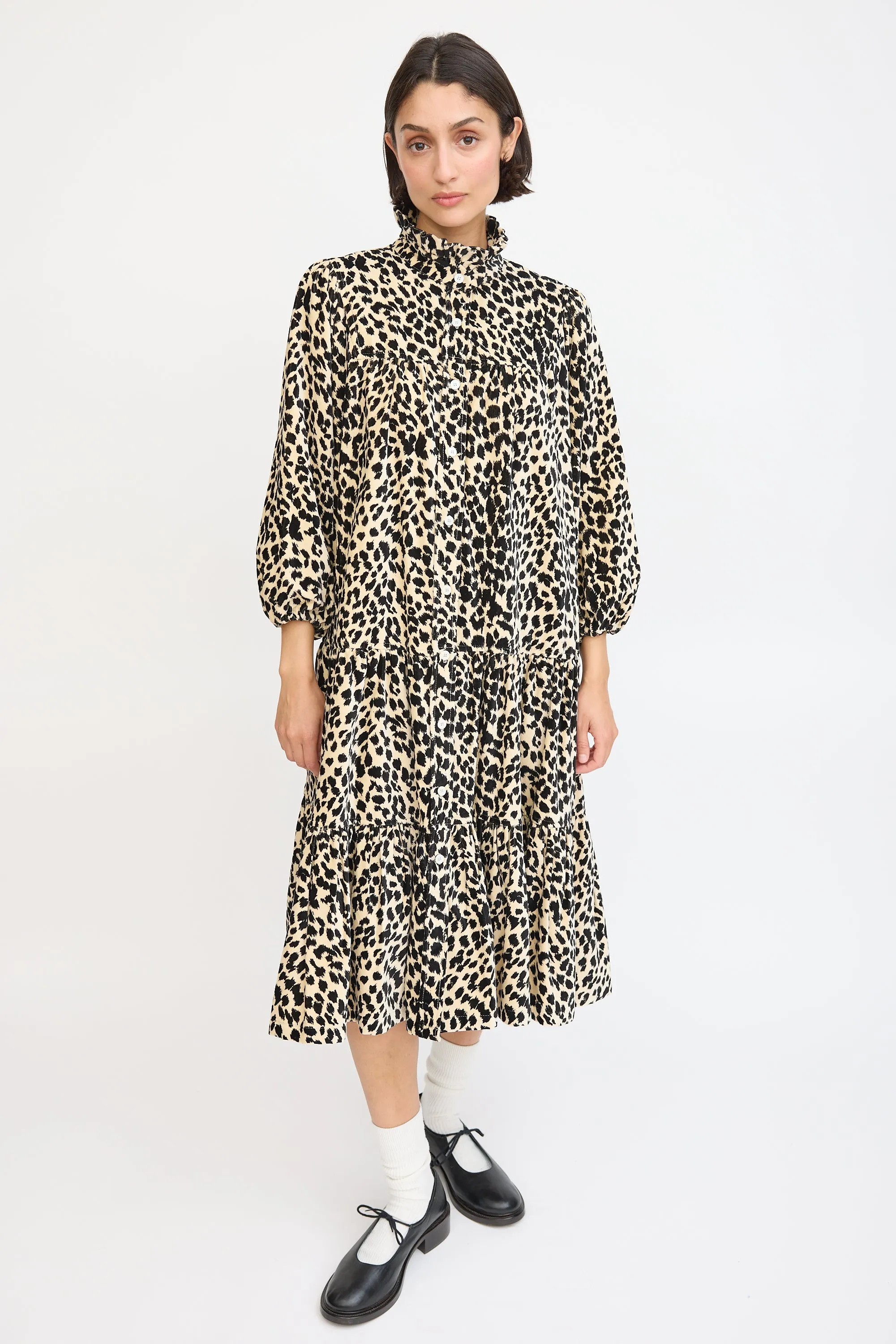 Beige & Black Cotton Printed Tiered Dress
