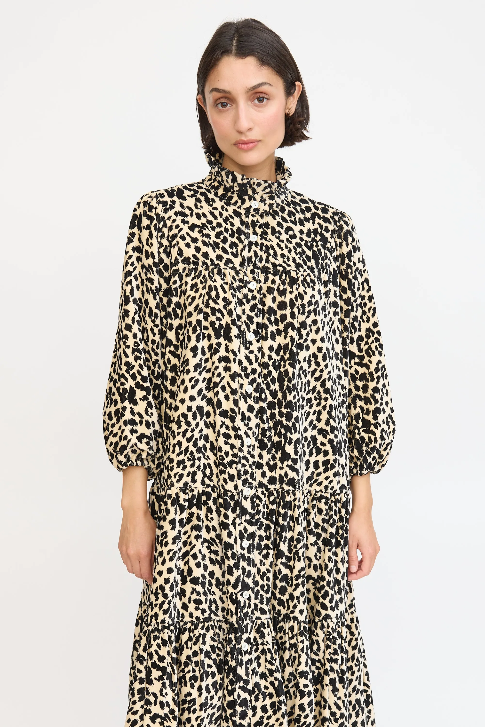 Beige & Black Cotton Printed Tiered Dress