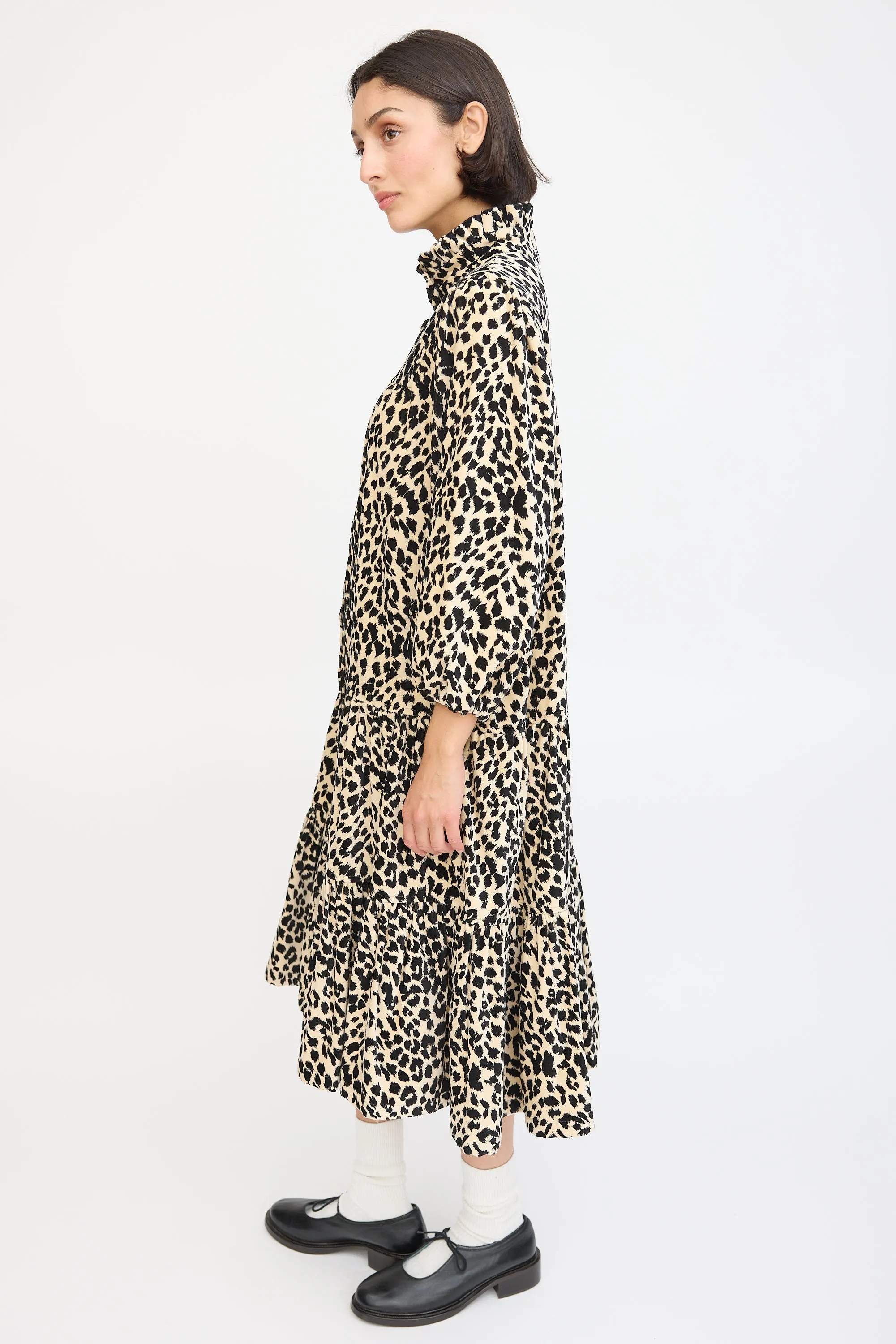 Beige & Black Cotton Printed Tiered Dress
