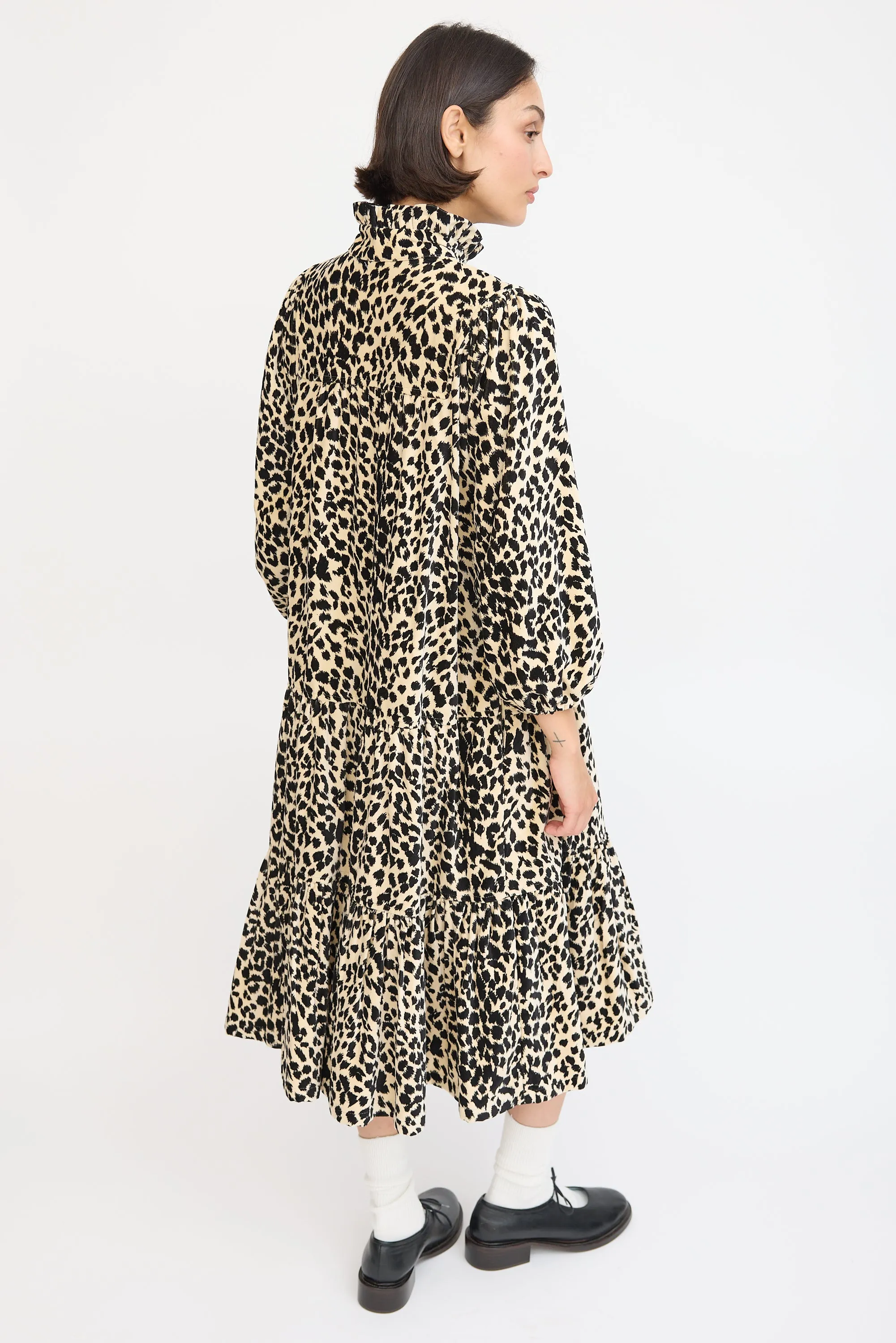Beige & Black Cotton Printed Tiered Dress
