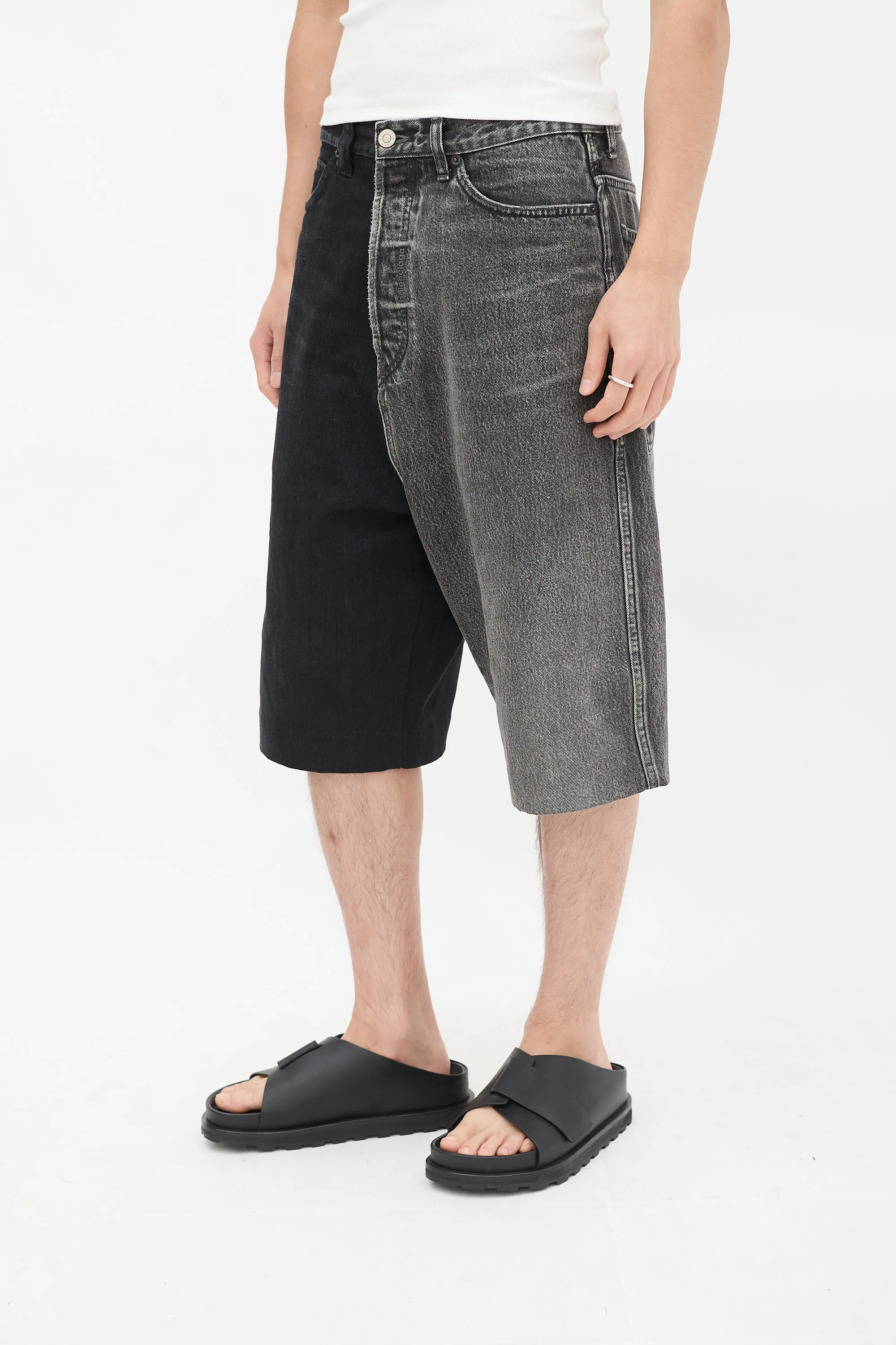 Black Denim 50/50 Embroidered Wide Shorts