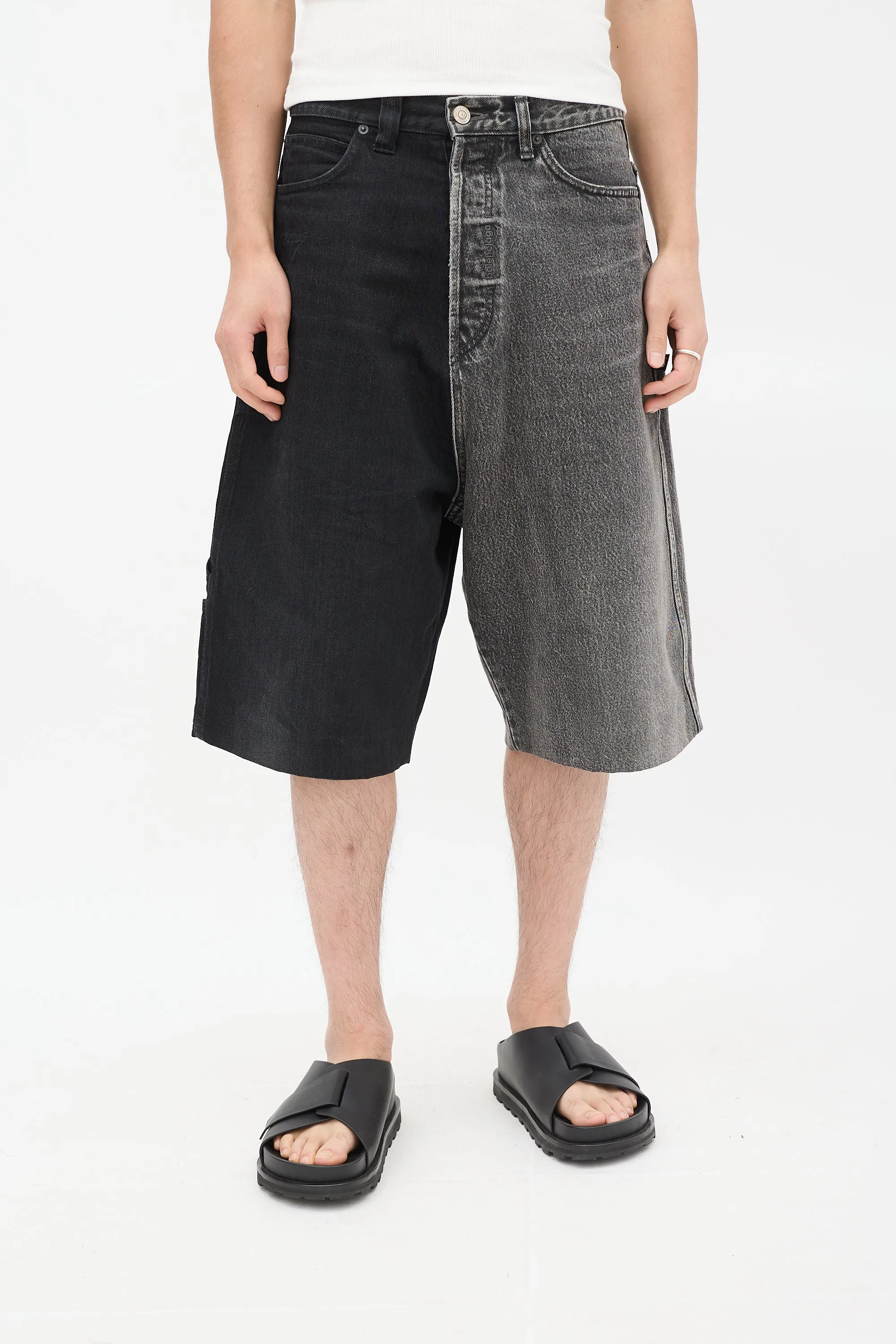 Black Denim 50/50 Embroidered Wide Shorts