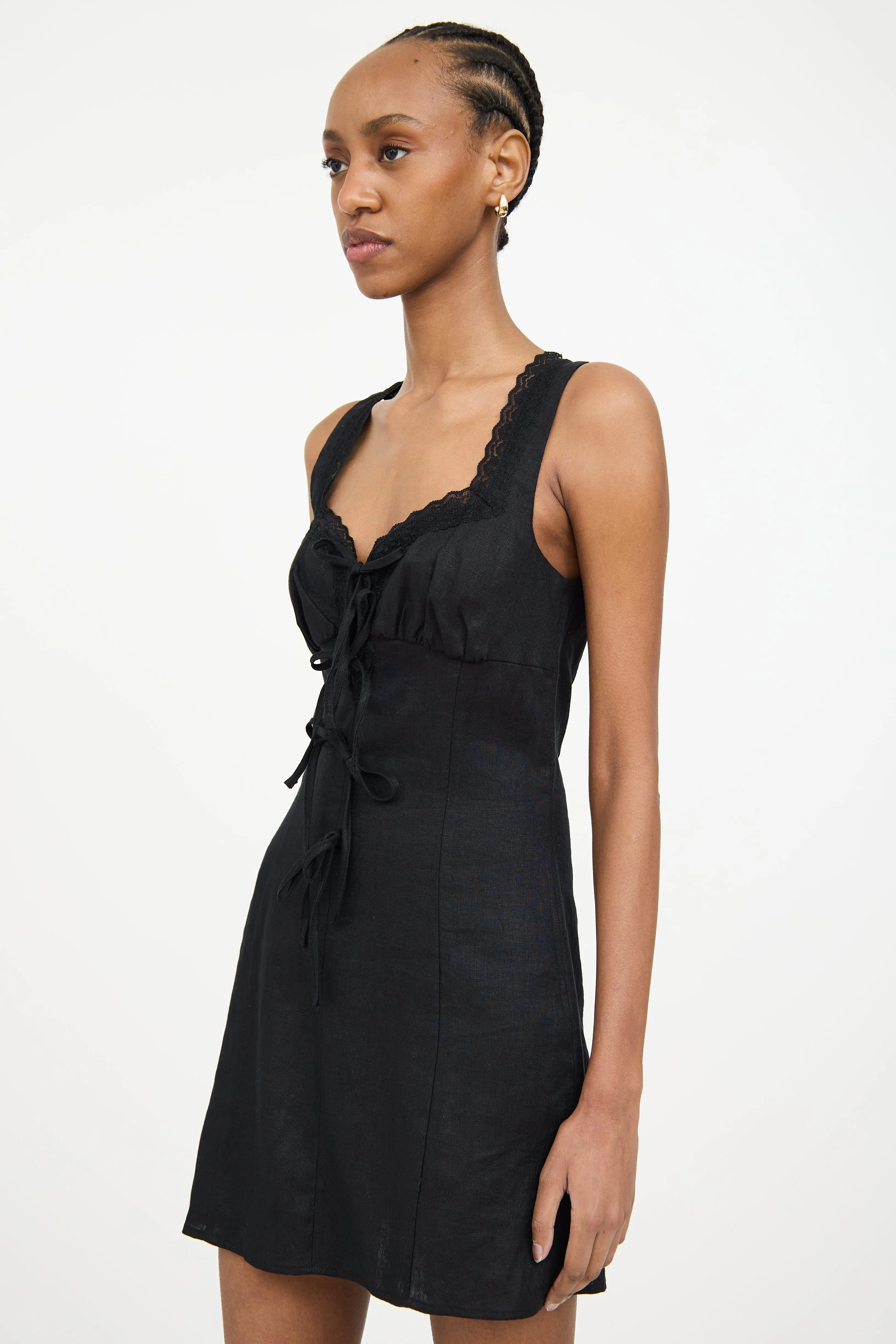 Black Linen Lace Trim Midi Dress