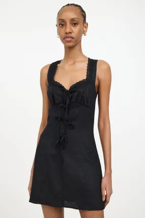 Black Linen Lace Trim Midi Dress