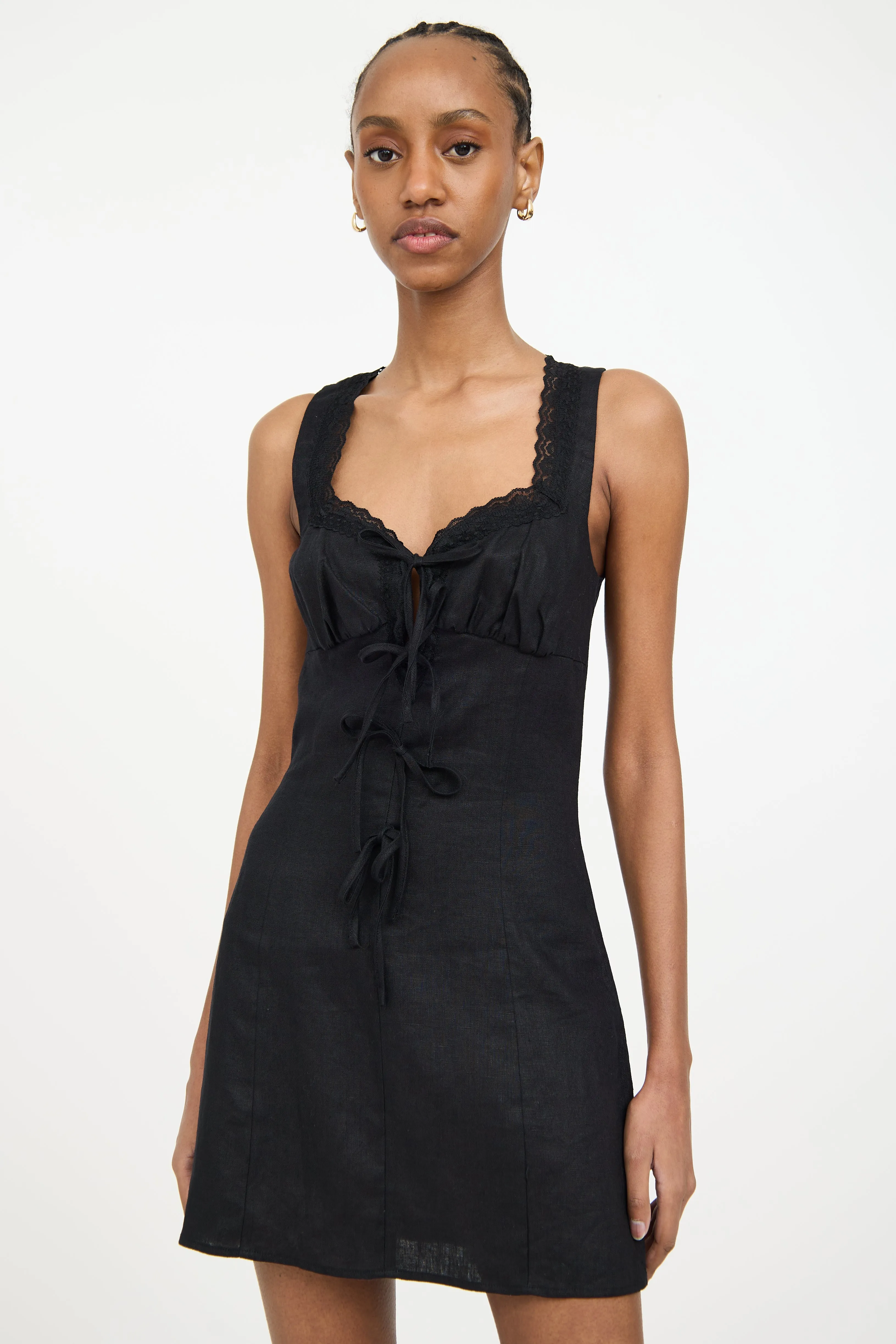 Black Linen Lace Trim Midi Dress