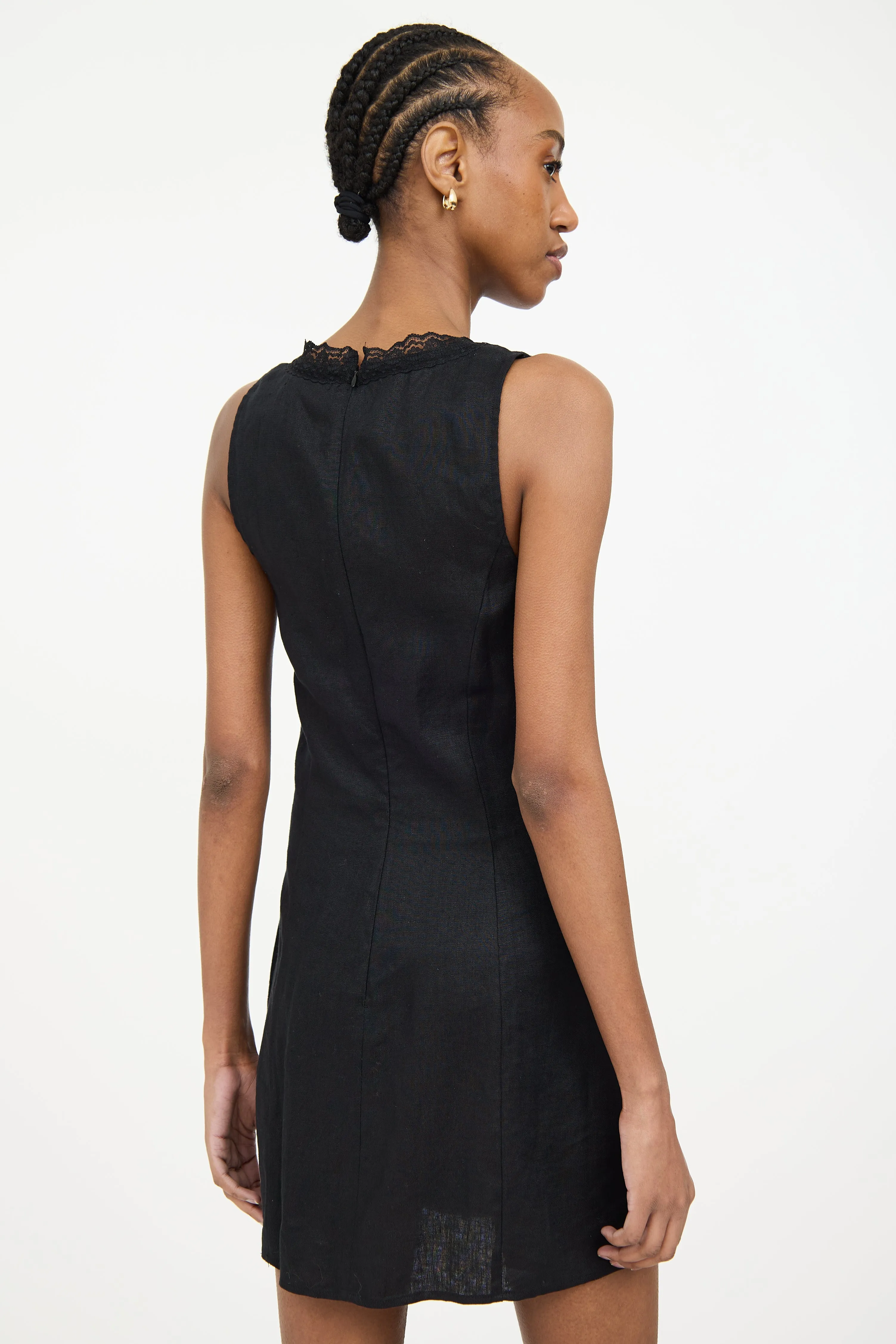 Black Linen Lace Trim Midi Dress
