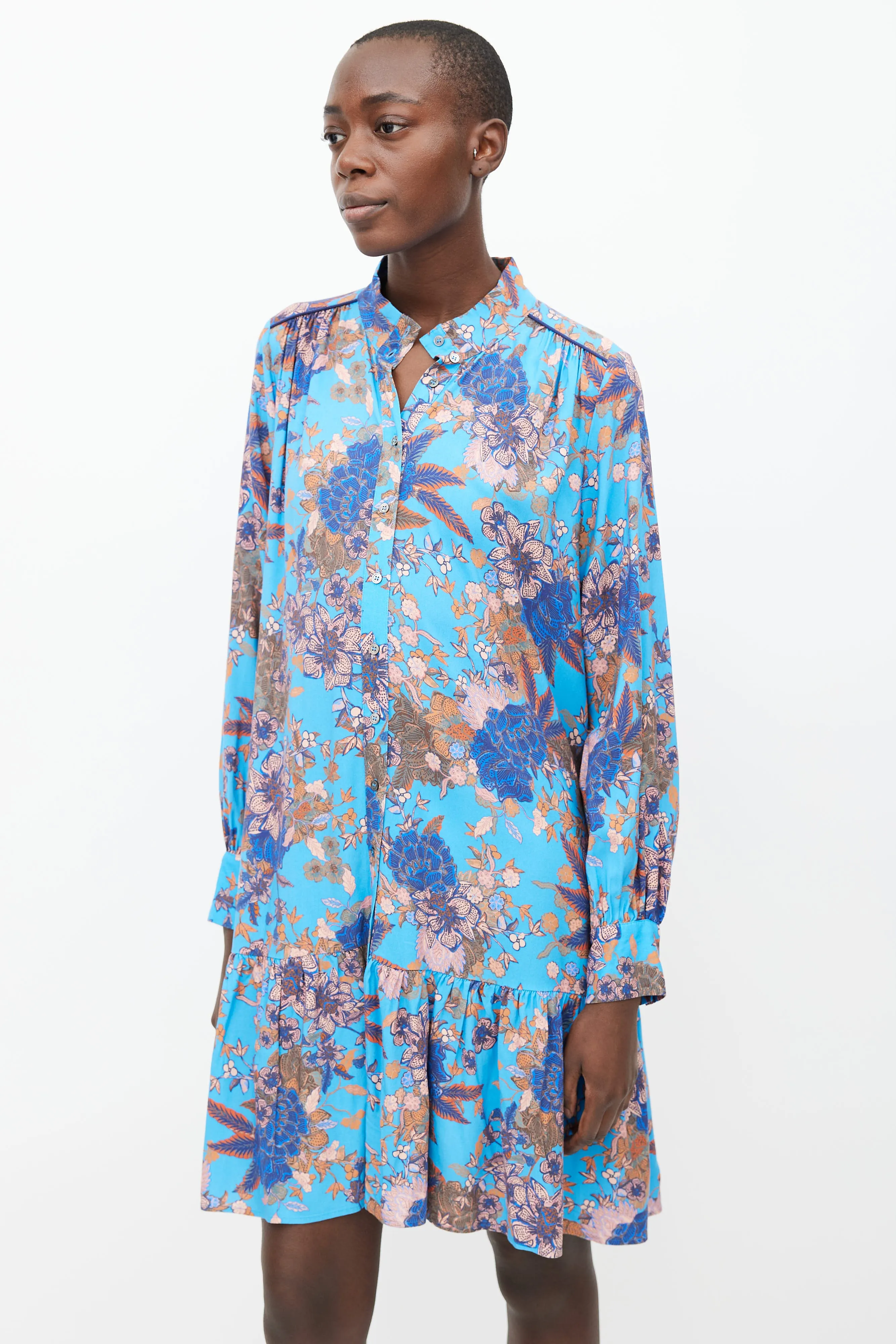 Blue & Pink Printed Floral Ruffle Dress