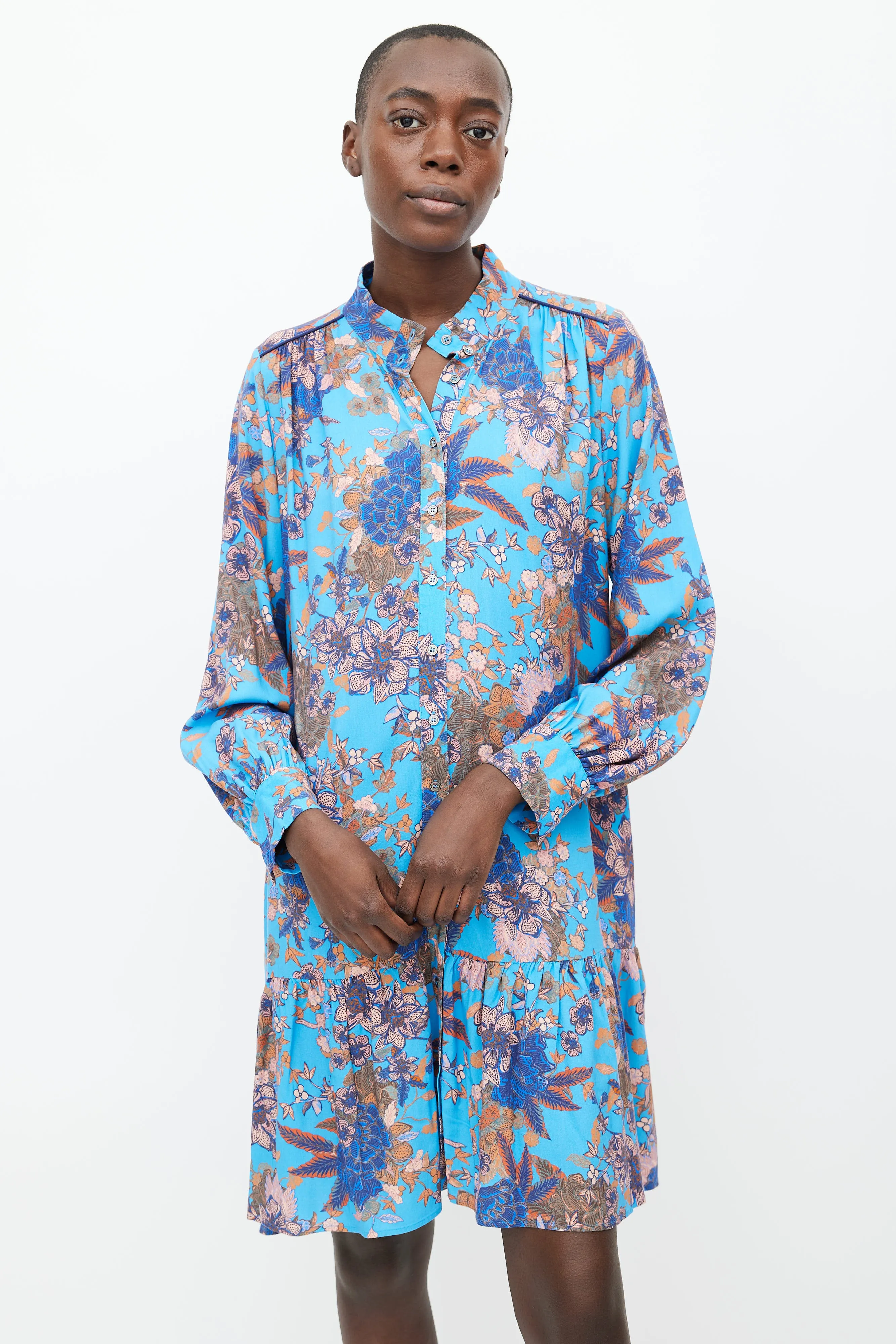 Blue & Pink Printed Floral Ruffle Dress