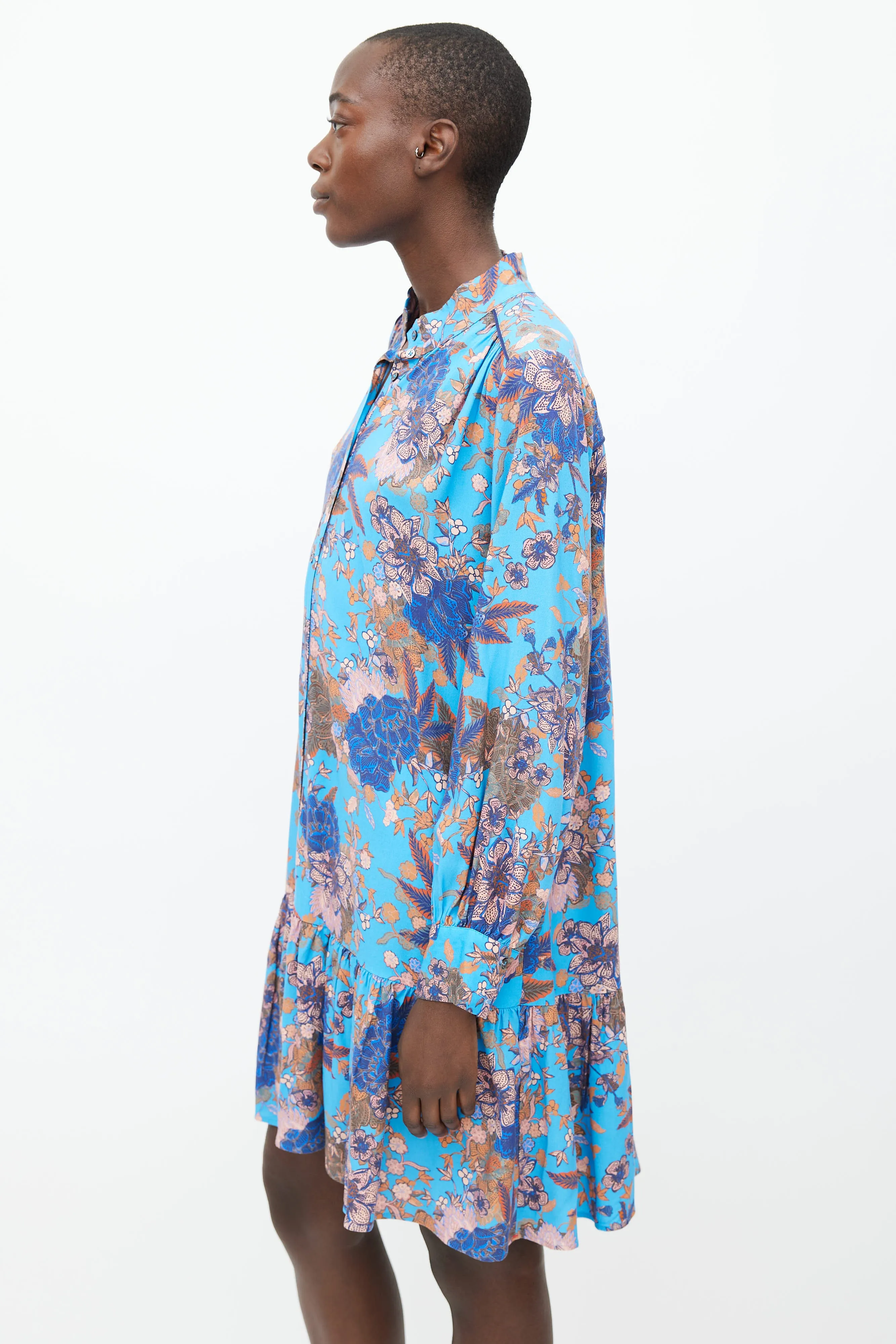 Blue & Pink Printed Floral Ruffle Dress