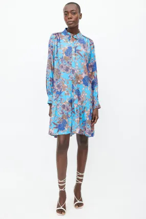 Blue & Pink Printed Floral Ruffle Dress