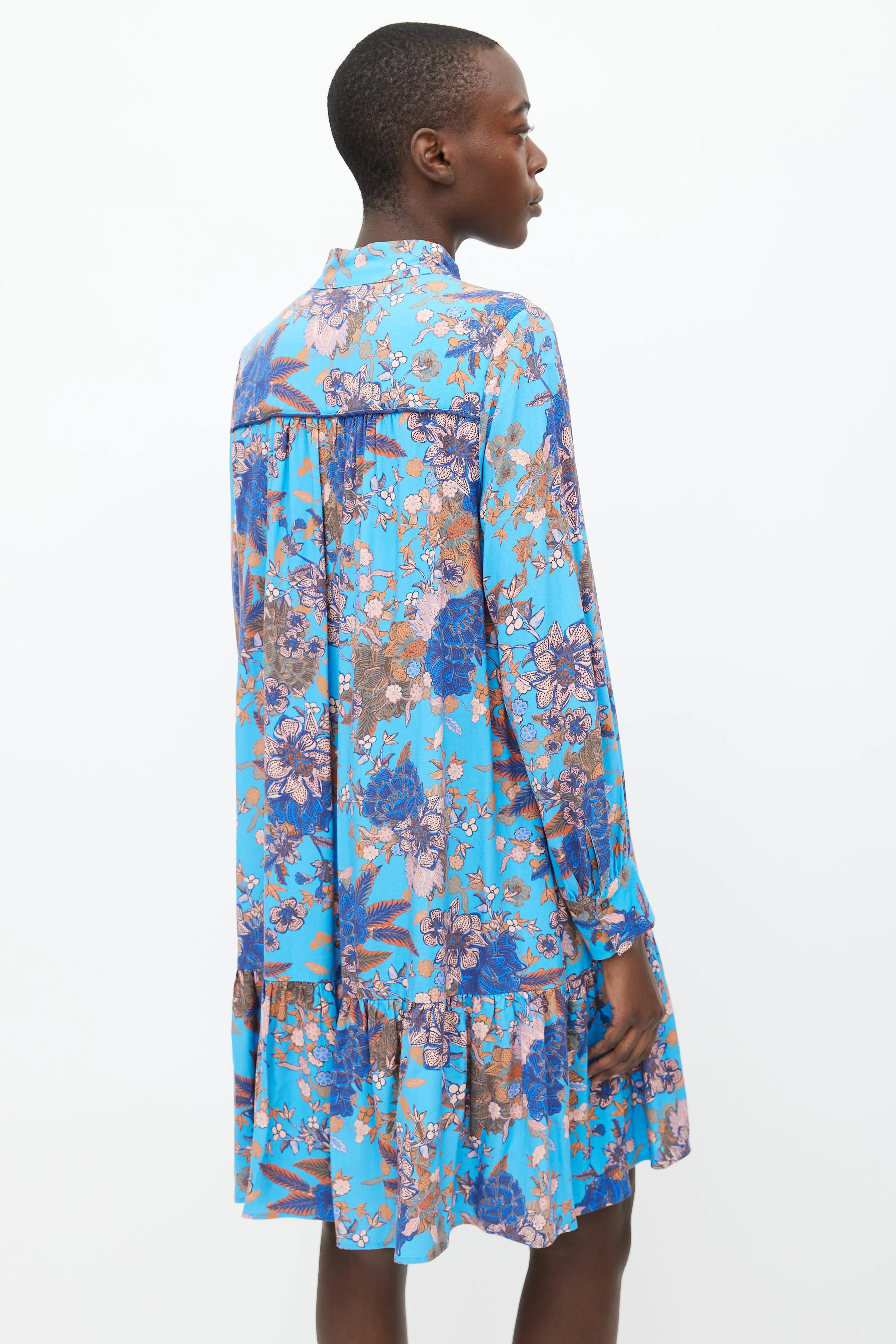 Blue & Pink Printed Floral Ruffle Dress
