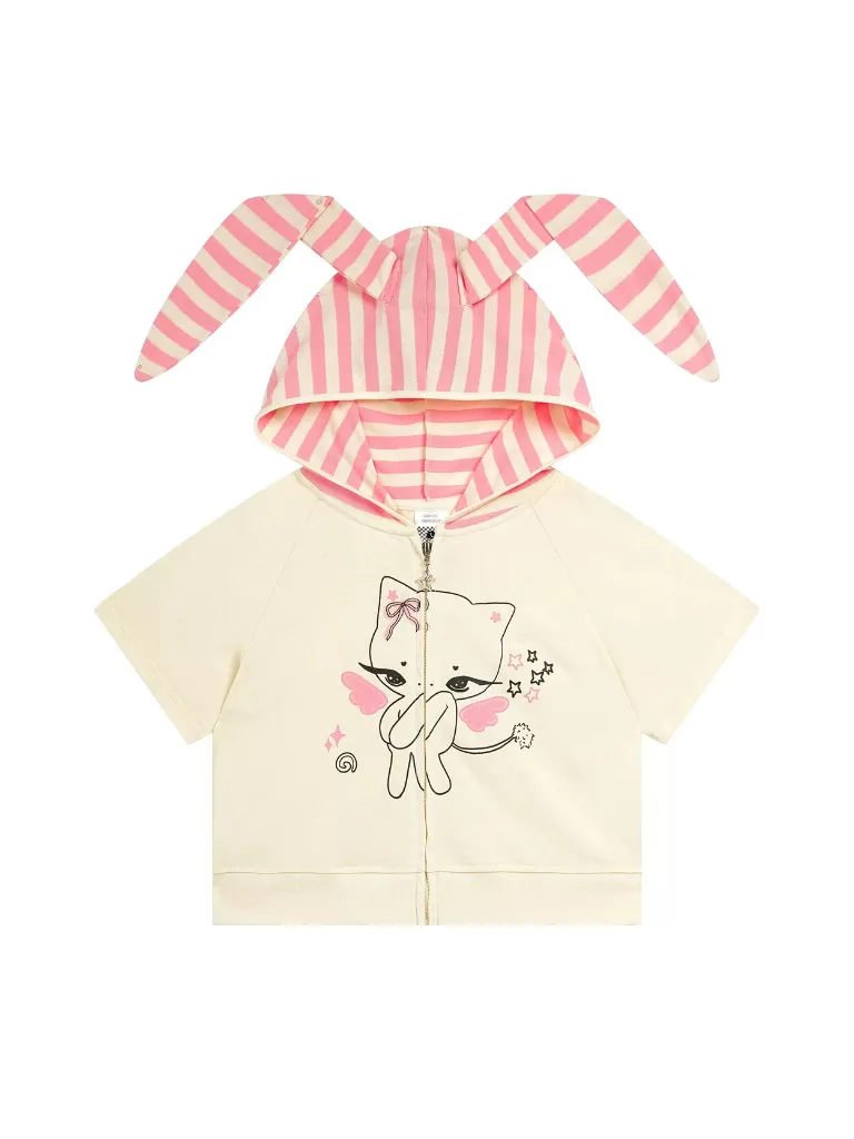 Bunny Print Short Angel Hoodie Zip Ears Cat T-Shirt