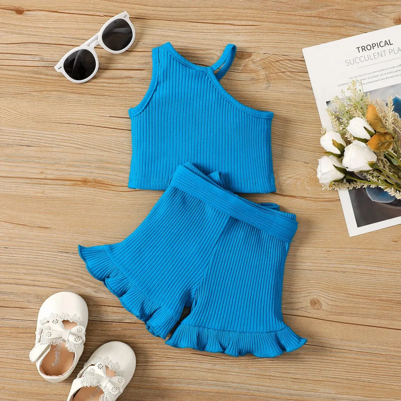 Casual Blue Rib Knit One Shoulder Halter Tank   Belted Ruffle Trim Shorts Set