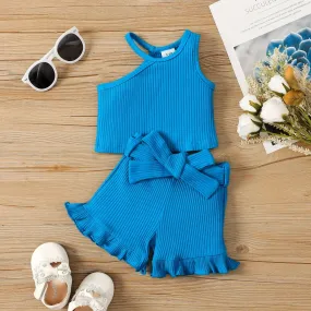 Casual Blue Rib Knit One Shoulder Halter Tank   Belted Ruffle Trim Shorts Set