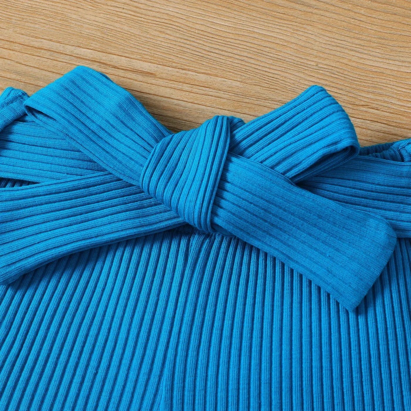 Casual Blue Rib Knit One Shoulder Halter Tank   Belted Ruffle Trim Shorts Set