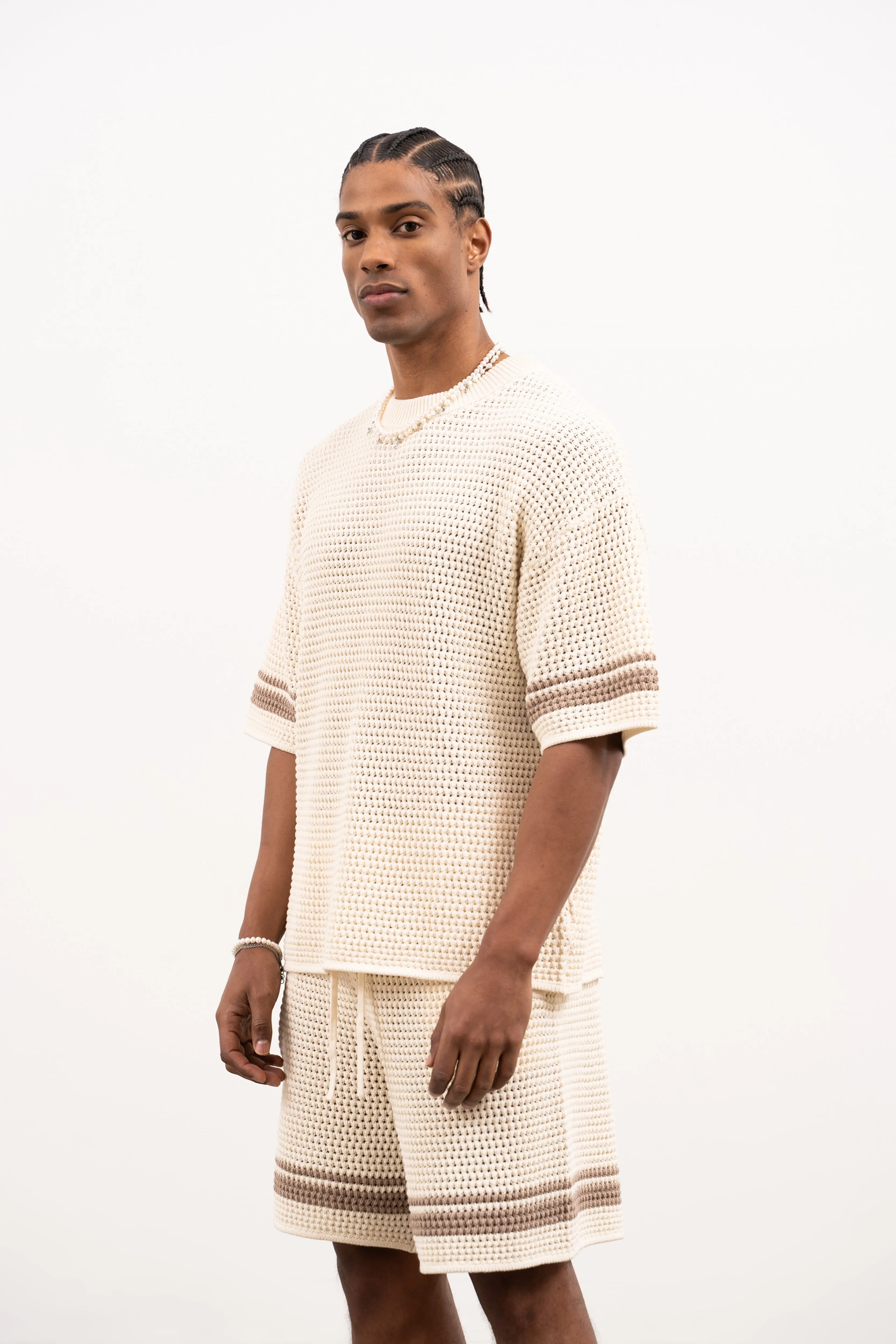 CROCHET KNITTED CONTRAST STRIPE T-SHIRT - OFF WHITE