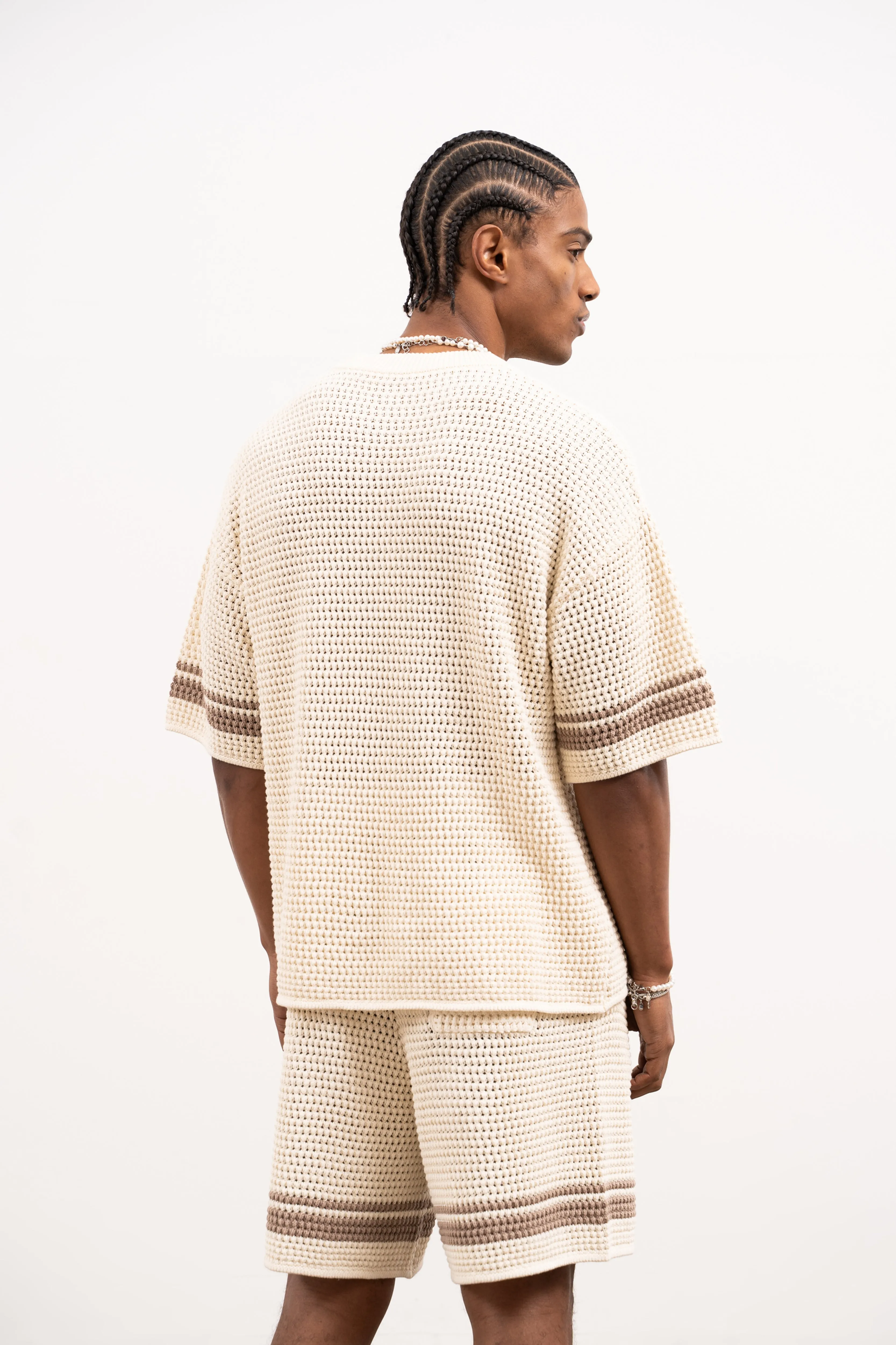 CROCHET KNITTED CONTRAST STRIPE T-SHIRT - OFF WHITE