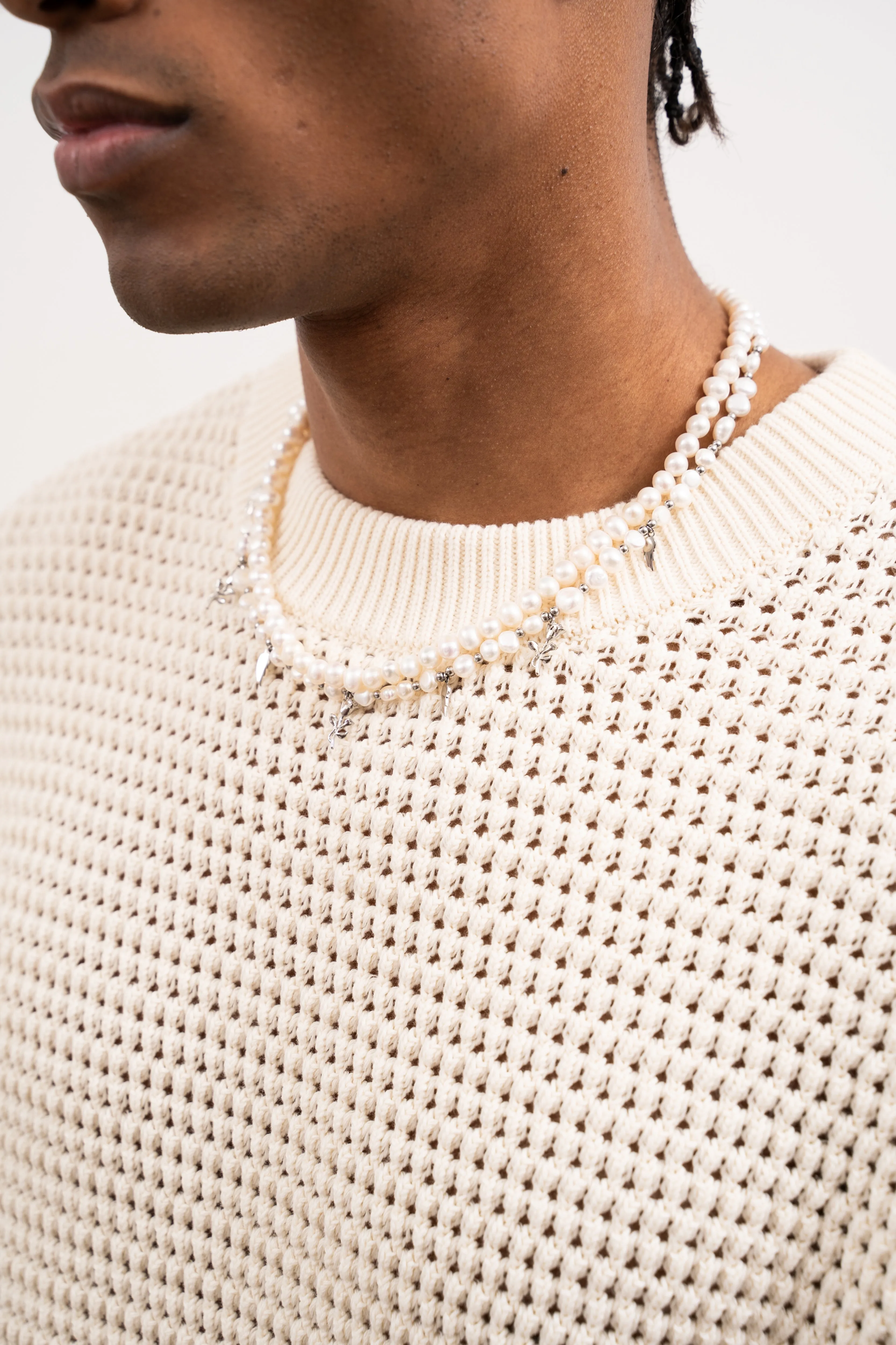CROCHET KNITTED CONTRAST STRIPE T-SHIRT - OFF WHITE