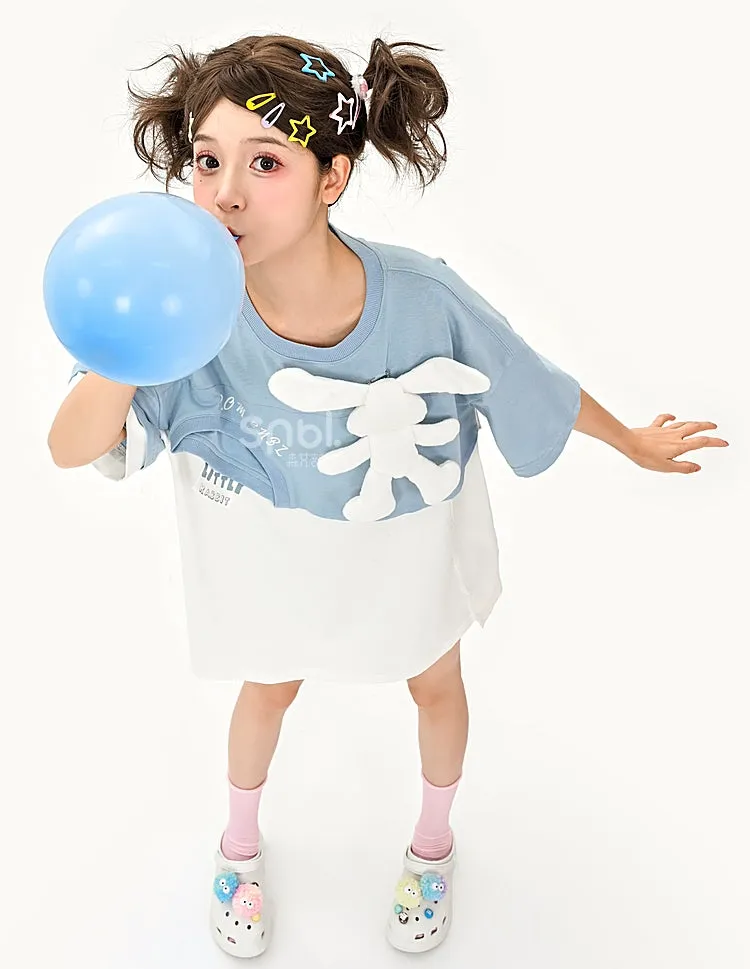 Cute Color Contrast Three-Dimensional Bunny Fake Two-Piece T-shirt