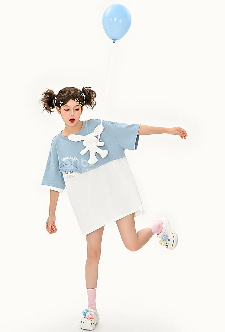 Cute Color Contrast Three-Dimensional Bunny Fake Two-Piece T-shirt
