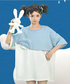 Cute Color Contrast Three-Dimensional Bunny Fake Two-Piece T-shirt