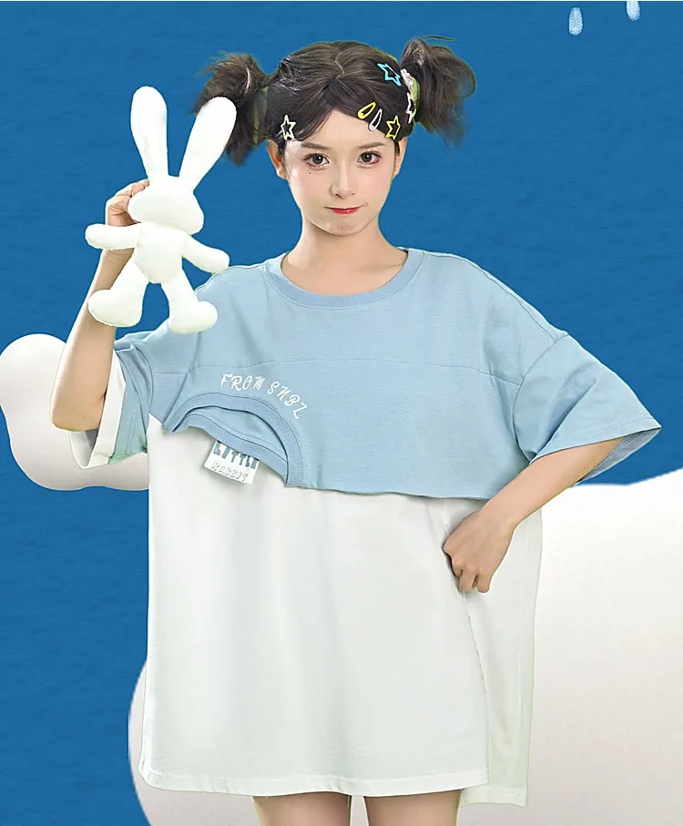 Cute Color Contrast Three-Dimensional Bunny Fake Two-Piece T-shirt
