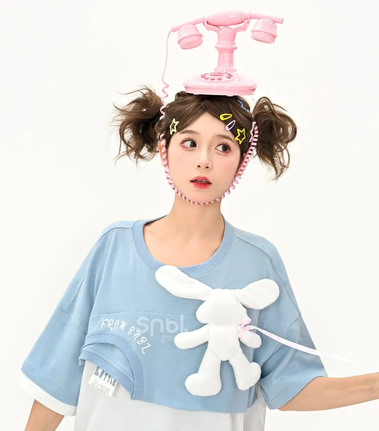 Cute Color Contrast Three-Dimensional Bunny Fake Two-Piece T-shirt