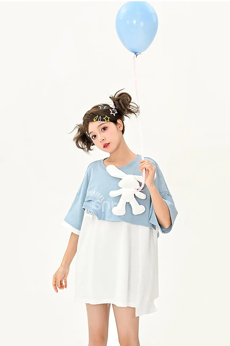 Cute Color Contrast Three-Dimensional Bunny Fake Two-Piece T-shirt