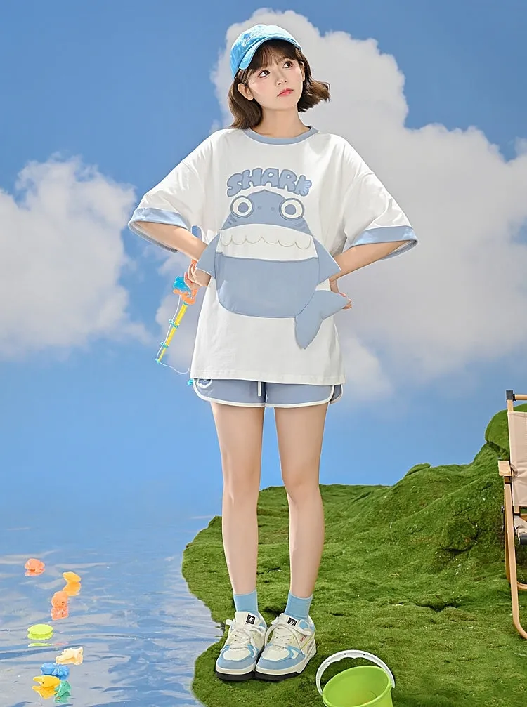 Cute Contrasting Shark Pattern Printing T-shirt