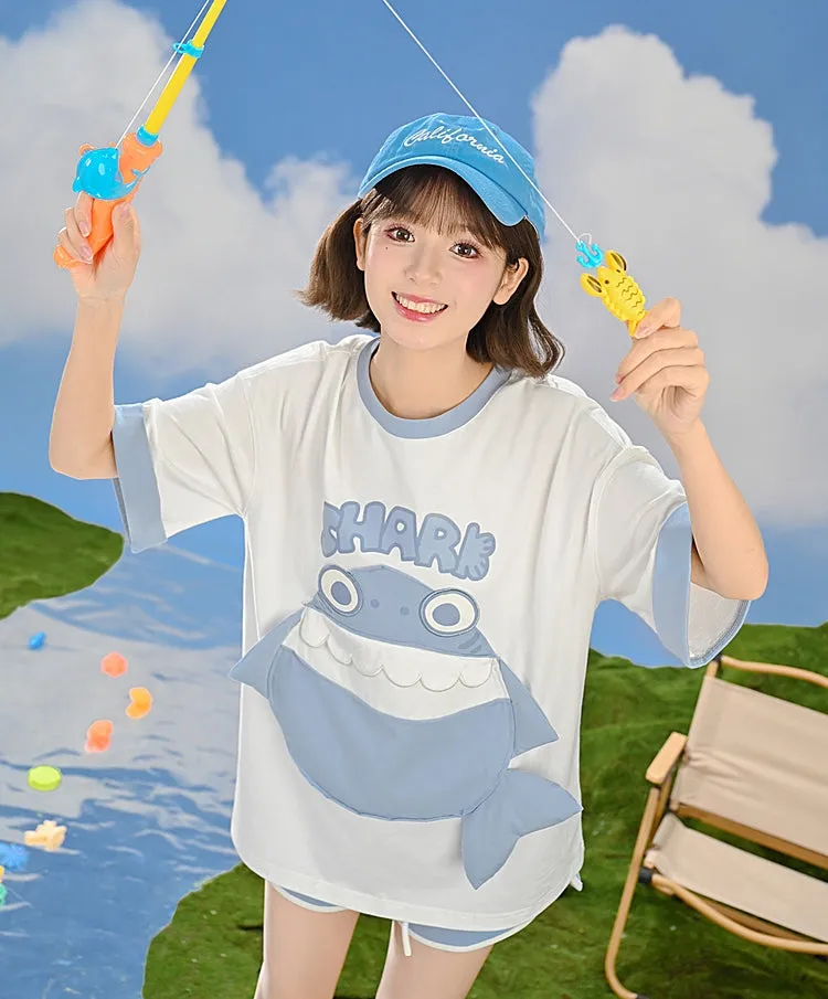 Cute Contrasting Shark Pattern Printing T-shirt