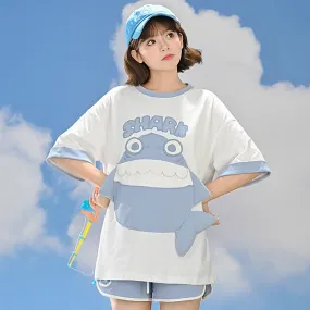 Cute Contrasting Shark Pattern Printing T-shirt