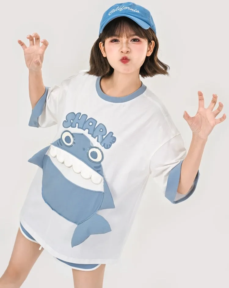 Cute Contrasting Shark Pattern Printing T-shirt
