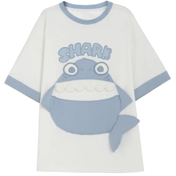 Cute Contrasting Shark Pattern Printing T-shirt