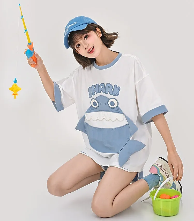 Cute Contrasting Shark Pattern Printing T-shirt