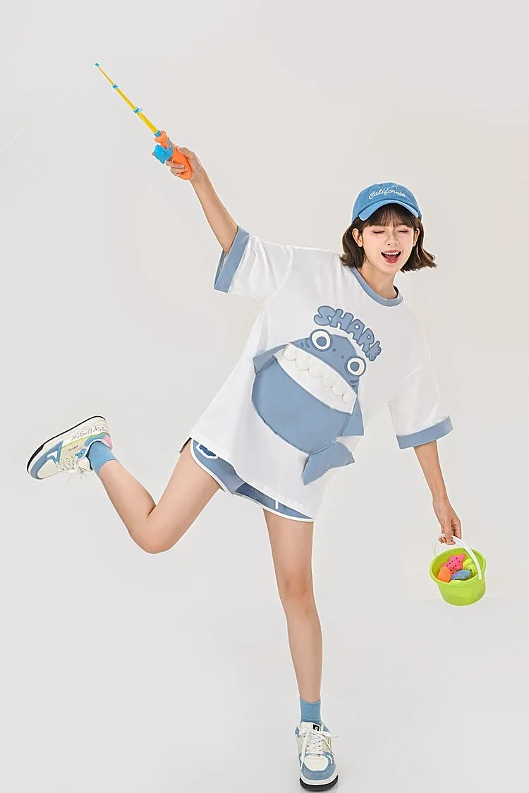 Cute Contrasting Shark Pattern Printing T-shirt