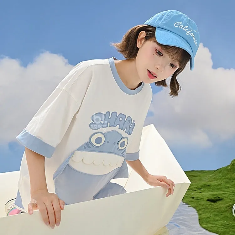 Cute Contrasting Shark Pattern Printing T-shirt