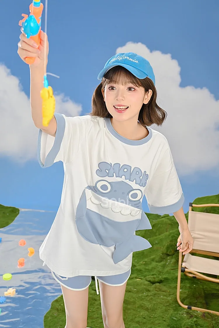 Cute Contrasting Shark Pattern Printing T-shirt