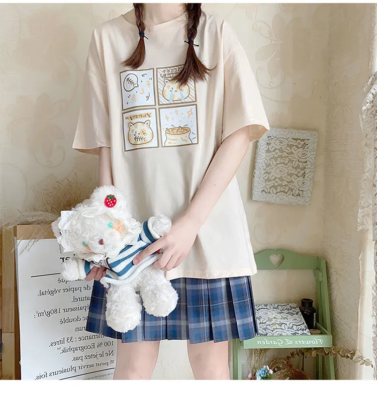 Cute Japanese Retro Cartoon Kitten Print T-shirt