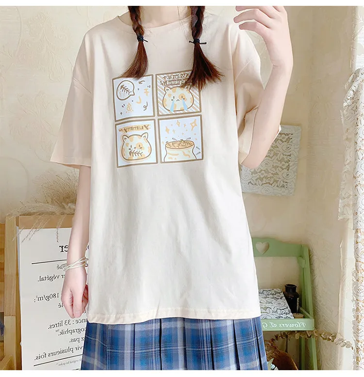 Cute Japanese Retro Cartoon Kitten Print T-shirt