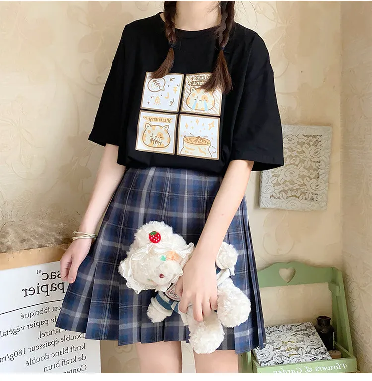 Cute Japanese Retro Cartoon Kitten Print T-shirt