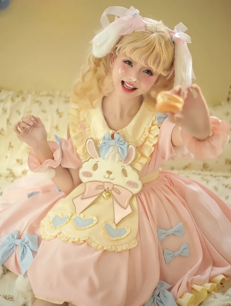 Cute Pink Cartoon Bunny Embroidered Lolita Dress