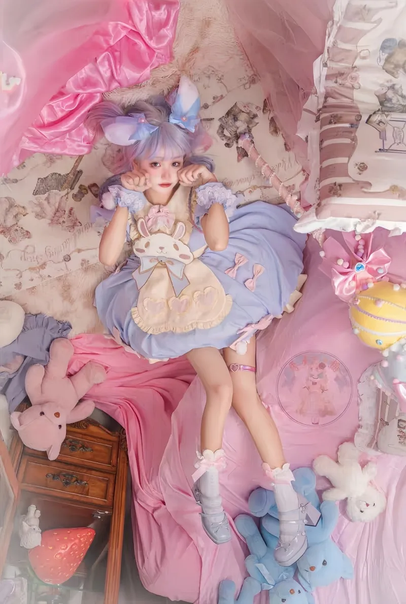 Cute Pink Cartoon Bunny Embroidered Lolita Dress